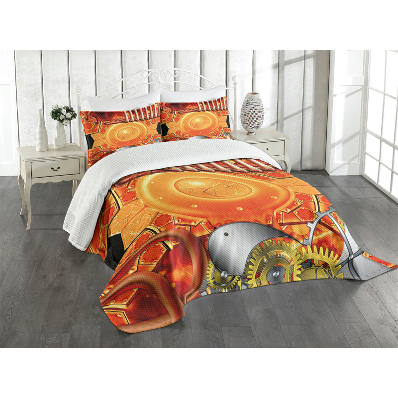 Ambesonne Steampunk Bedspread Set Retro Gear Technology Multicolor, King Bedspread + 2 Standard Shams
