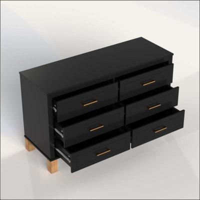 Commode double à 6 tiroirs, armoire de rangement moderne avec poignées en métal et pieds en bois massif, organisateur de tiroir pour chambre d'enfant, commode en bois robuste avec préinstallé