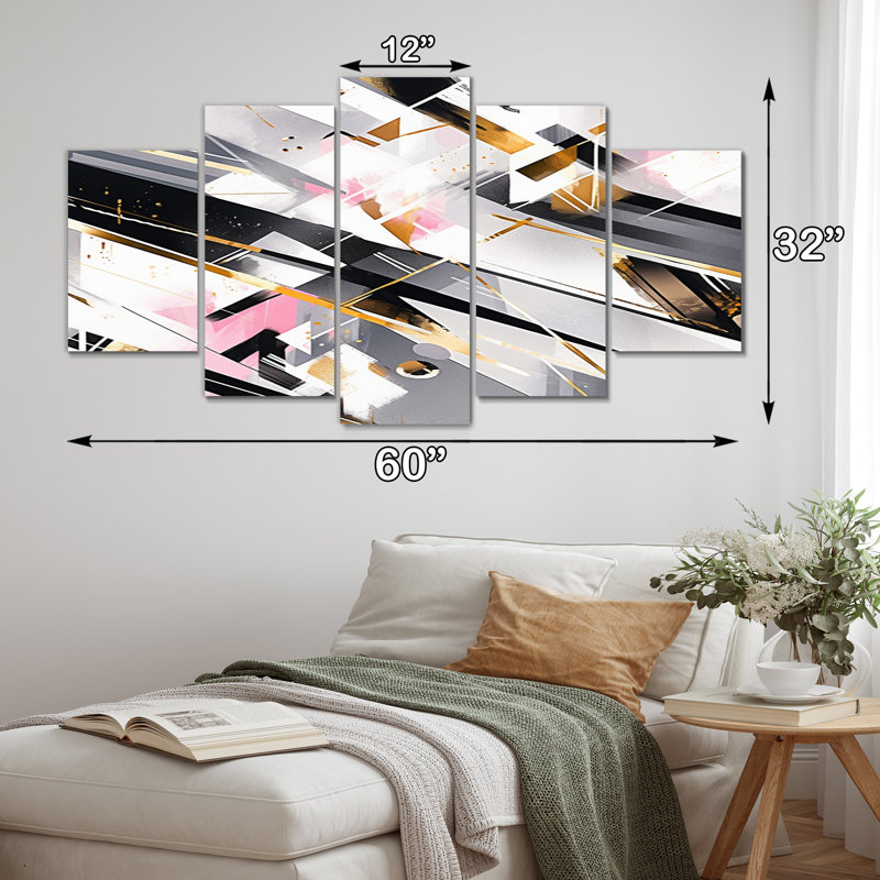 Pink Grey Symmetrical Abstract - Cubism Wall Decor - 5 Panels