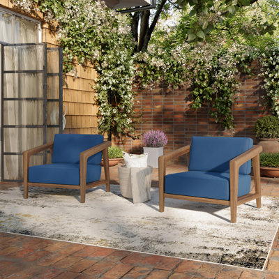 Lyam Wood Patio Chair With Blue Cushions
