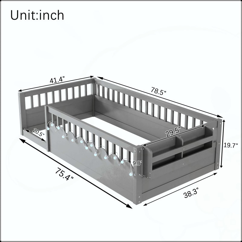Lit sur pied Montessori avec garde-corps hauts, lumière DEL et tablette de rangement, Lit simple, Gris
