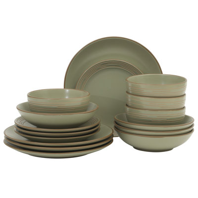 Gibson Home Chiswick House 16-Piece Stoneware Dinnerware Set, Round Plates and Bowls Set for 4, Green with Wax Relief Embossed Rim Detail, Dishwasher Safe – Dinner Plate, Salad Plate & Cereal Bowl
