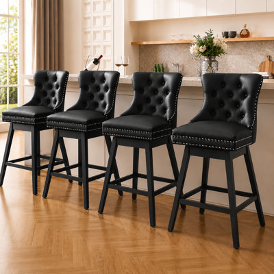 Swivel Bar Stools Set of 4, PU Leather Bar Chairs with Button Tufted Front and Ring Pull Back, 30" Bar Height Stools with Solid Wood Legs for Kitchen Island or Bar, Black