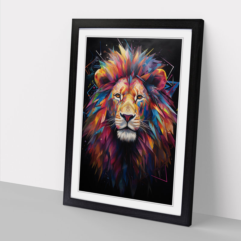 Lion Neo-Plasticism - Single Picture Frame Print on Wood, 34cm H x 25cm W x 2cm D, Black