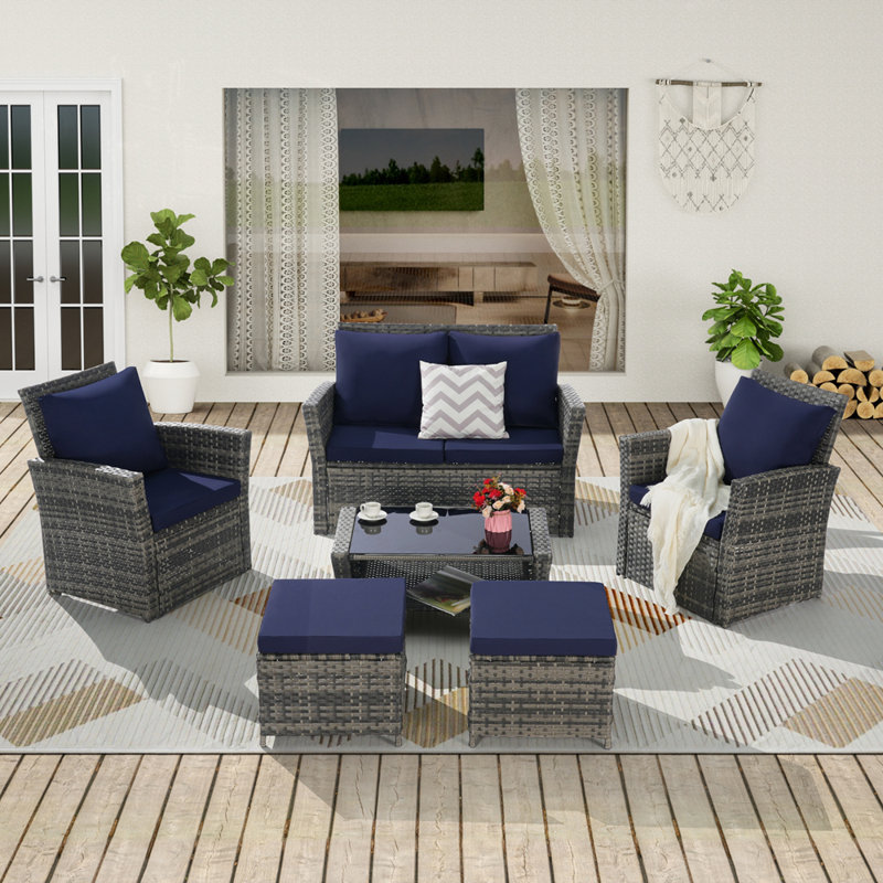 6 Piece Wicker Patio Furniture Sets with Ottoman and Tempered Glass Coffee Table, Dark Blue