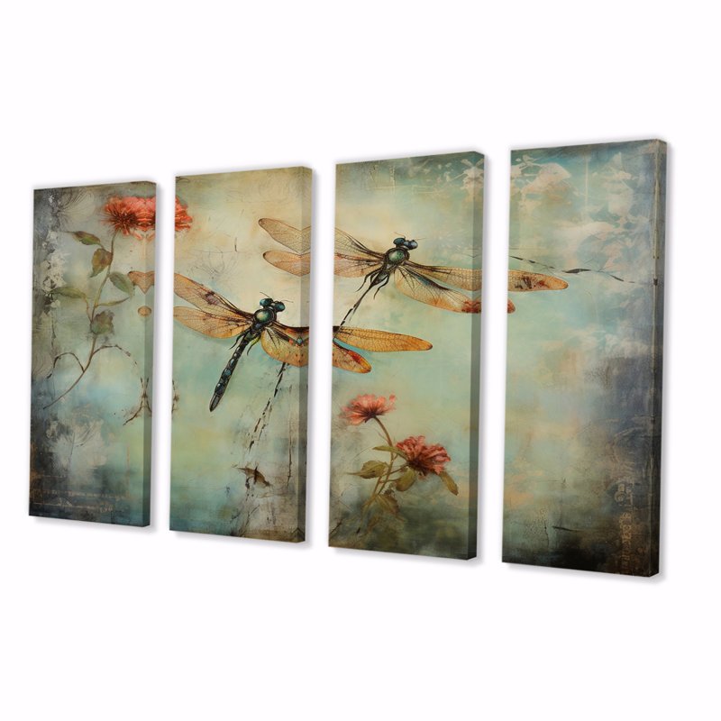Peinture rétro de libellule volant sur toile, reproduction de 4 pièces