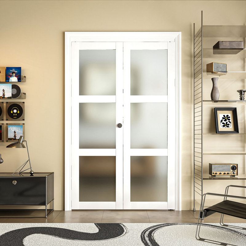 Ensemble de quincaillerie à portes françaises en verre manufacturé pliant blanc en verre givré 3-Lite avec quincaillerie d'installation 32 po x 80 po