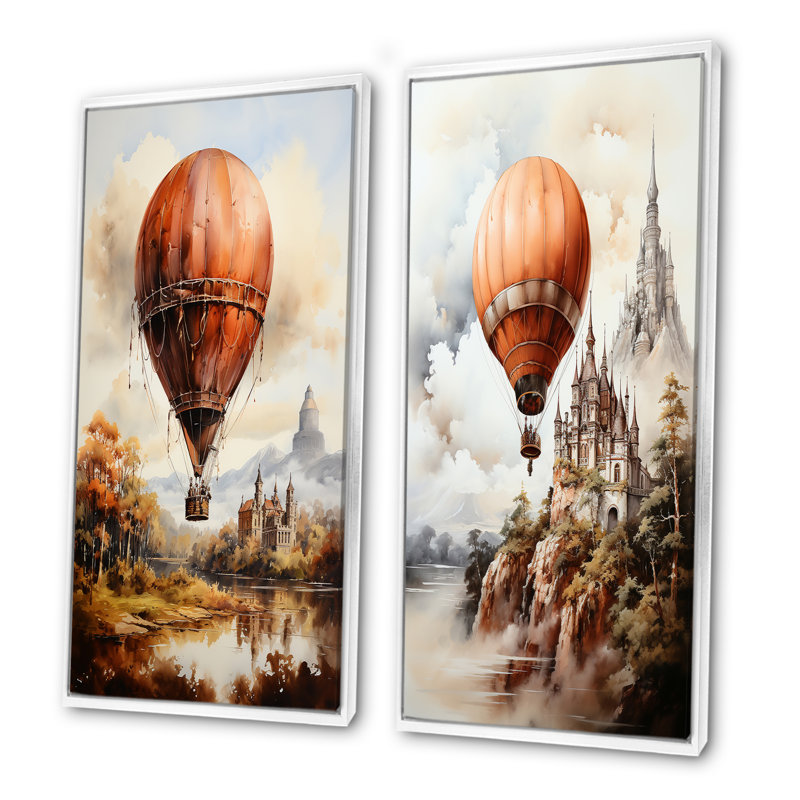 Vol en montgolfière Castle - montgolfière, ensemble de 2 décorations murales, Cadre blanc, H 40 po x l 41 po