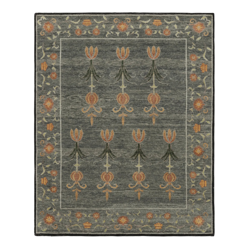 Rug & Kilim’S Block Print Rug, Teal And Gray Tones With Whimsical Floral Pattern, Rectangle 12' x 16'