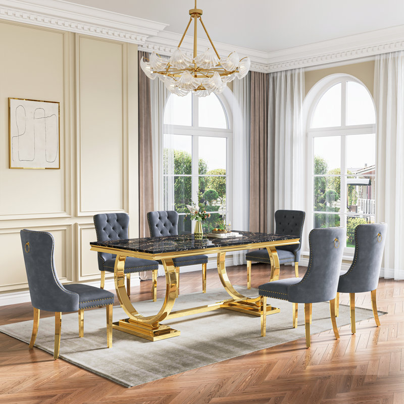 Rectangular 70.1"L X 35"W Dining Set, Gris/doré, Noir et or, 7 pièces : table, 6 chaises