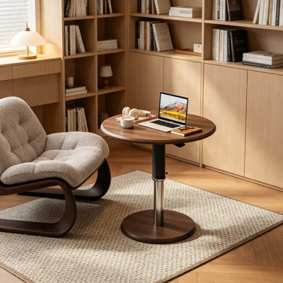 Table d'appoint à hauteur réglable et bords arrondis, avec plateau pivotant et roulettes dissimulées, plateau en bois, idéale pour le salon, la chambre à coucher et le balcon.