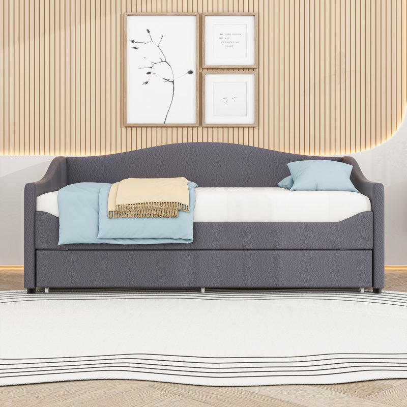 Upholstered Daybed with Trundle and LED Lights, Gray, Twin