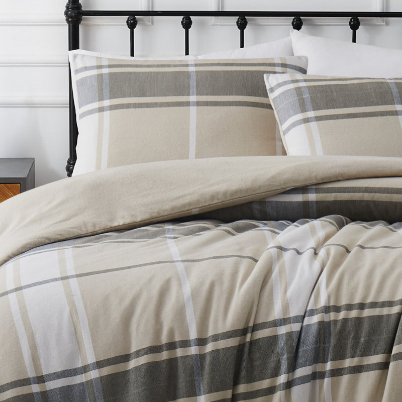 Flannel Box Stitch Plaid Comforter Set, Queen Comforter + 2 Standard Shams