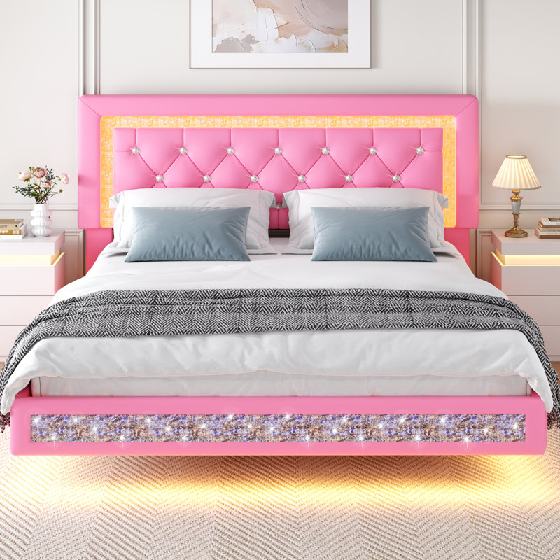 Lit plateforme flottant Queen size en similicuir rose avec tête de lit capitonnée en losanges et éclairage DEL, sans sommier, conception silencieuse, montage facile
