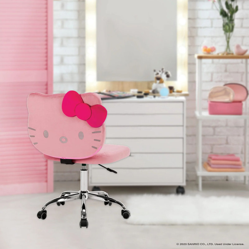 Hello Kitty Kawaii Swivel Vanity Chair for Makeup Room with Wheels Rolling, Comfy Polyurethane Foam, Pink