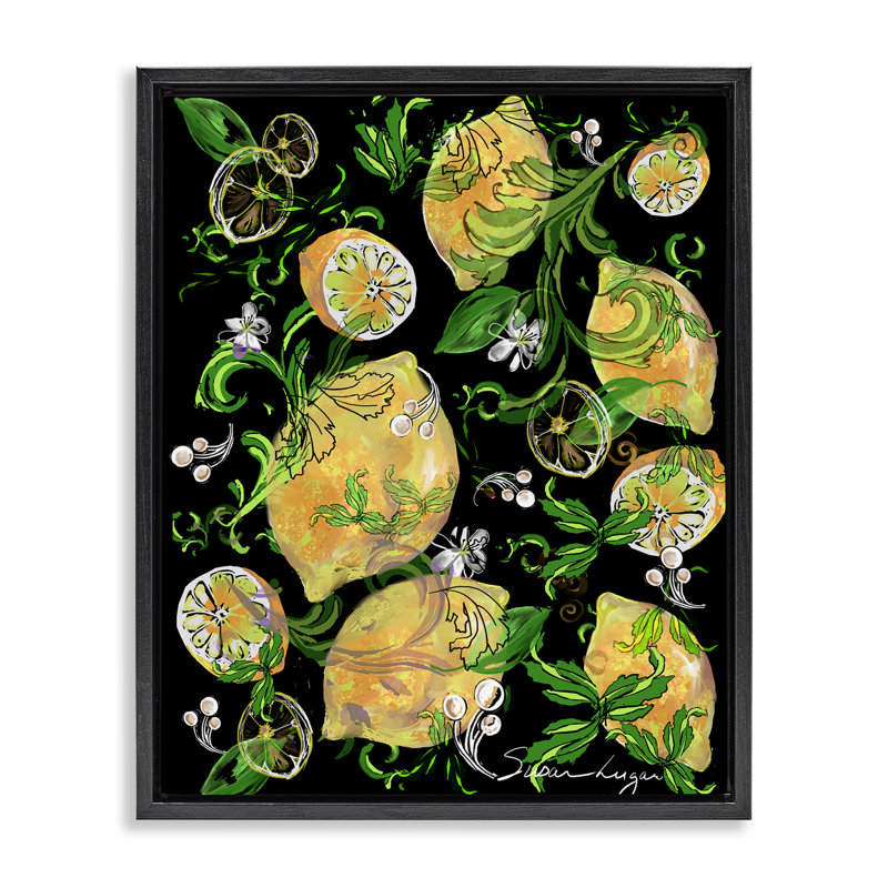 Cadre flottant citrons et feuilles d'acanthe, design par Susan Lugar, Cadre flottant noir de jais, H 21 po x l 17 po