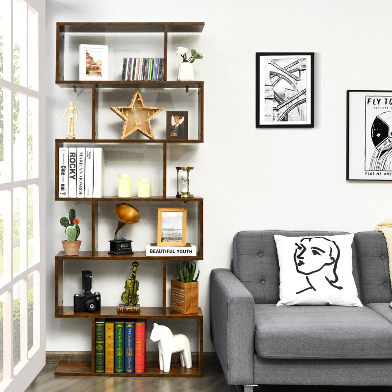 Modern 6-Tier S-Shaped Coffee Wooden Bookshelf
