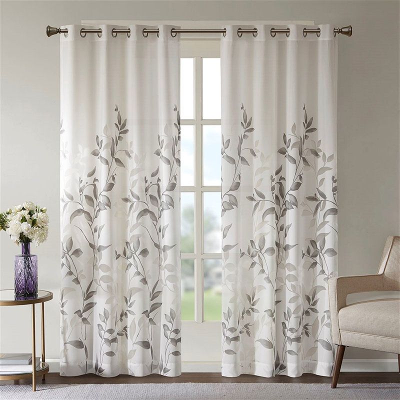 Paire de rideaux Burnout Printed (2 panneaux de fenêtre), Blanc / Gris