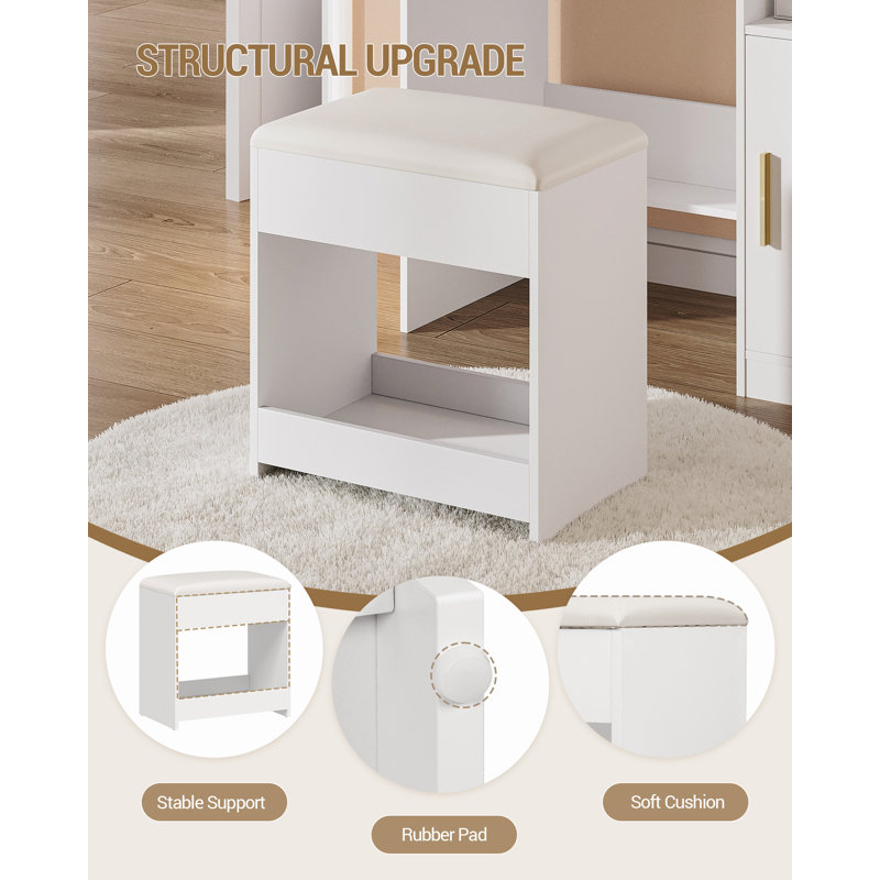 Dressing Table Stool with Hidden Storage, Soft Padded Vanity Stool, Makeup Chair with Non-Slip Foot Pads for Dressing Room, Bottom Storage, Bedroom, Entryway, White 