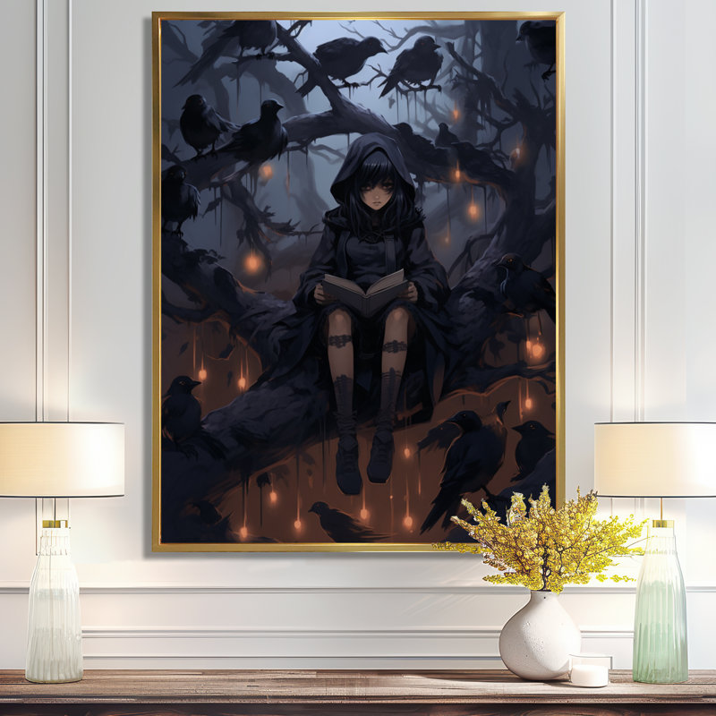 Jeune sorcière avec corbeau noir sur une branche d'arbre - sorcières, art mural, Toile dorée avec cadre flottant