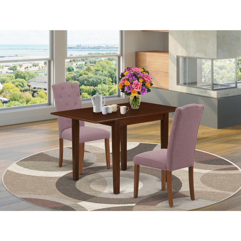 L'ensemble de 3 tables de salle à manger modernes comprend une table rectangulaire en bois avec Dropleaf et 2 chaises de salle à manger en lin Dahlia, acajou