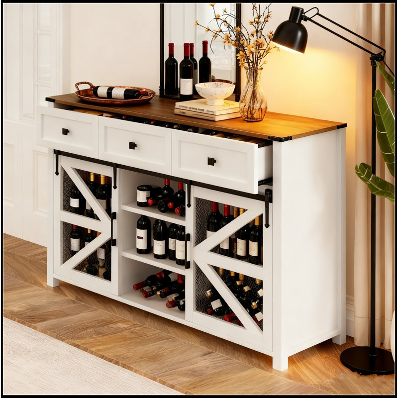 Sliding Barn Door Sideboard With 3 Drawers, Particle Board & Metal Mesh Storage Cabinet With Aluminum Handles & Metal Accents For Living Room, Dining Room