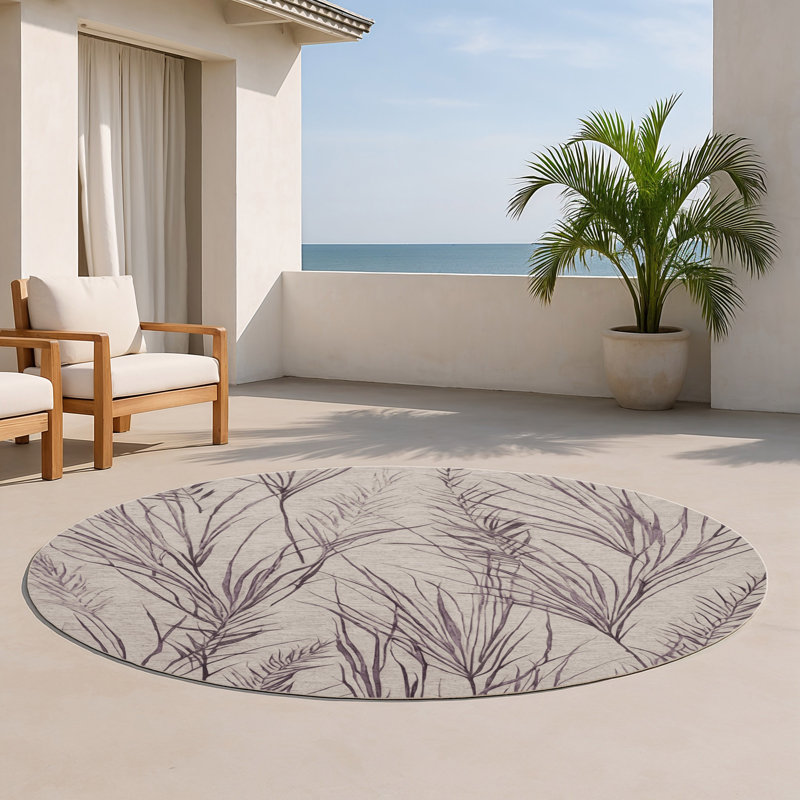 Tapis d'intérieur et d'extérieur gris Botanical, Rond 5 pi