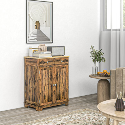 Buffet moderne avec rangement - comptoir en bois massif brun rustique. 2 tiroirs, portes, tablette réglable. Pour l'entrée. Rangement supérieur l 26,75 po x P 15,75 po. H 33,5 po. Hall d'entrée, salle à manger.