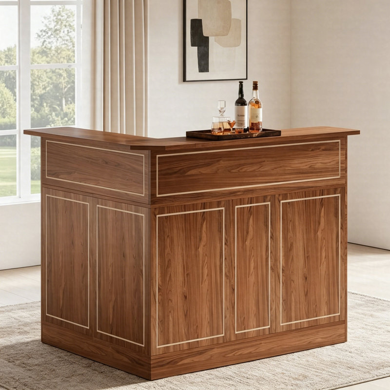 Table de bar en L avec rangement, armoire de bar à 4 niveaux avec supports à verres à vin, unité de coin de bar ou bureau de réception, table de pub noire moderne