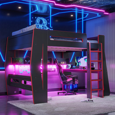 Lit mezzanine pleine grandeur avec bureau et rangement, lumière DEL, cadre de lit mezzanine de style Esports pour les adolescents. Noir et rouge