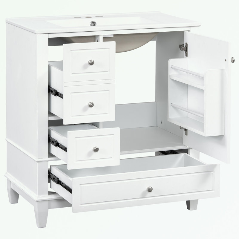 Meuble-lavabo de salle de bain avec lavabo, une porte avec tablette et trois tiroirs, Blanc