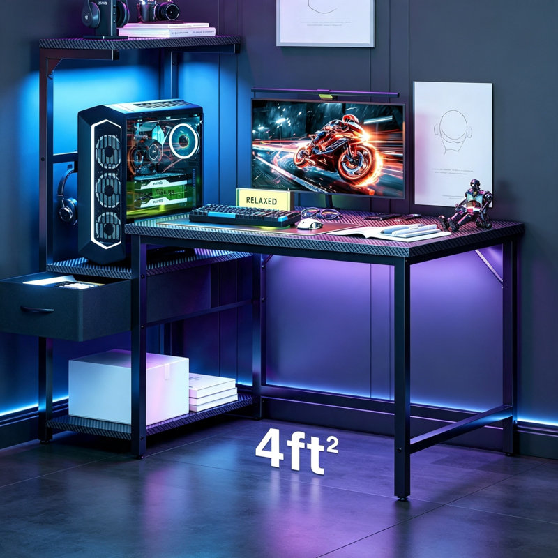 120 cm Gaming Desk with LED Lights & CPU Stand, Computer Desk with Reversible Shelves and Storage Drawer, Home Office PC Desk with Hanging Bag