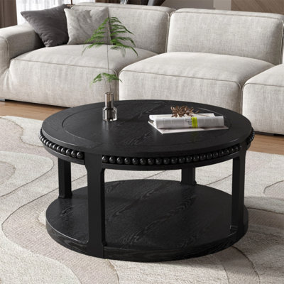 Table basse ronde en bois massif de 31,5 po pour le salon, bureau en bois rustique à 2 niveaux avec tablette de rangement