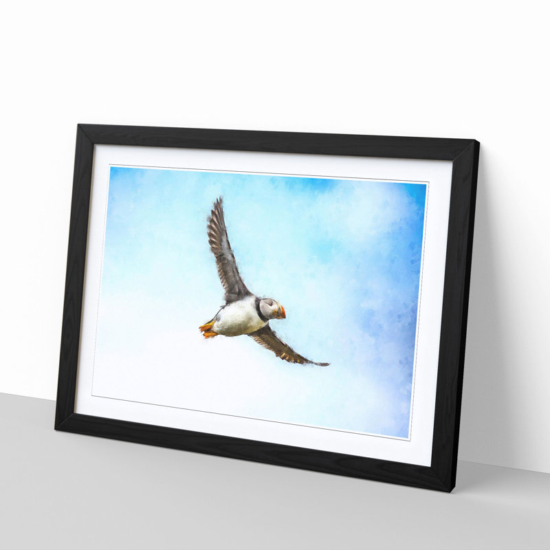Flying Atlantic Puffin Bird - Picture Frame Graphic Art Print, 33cm H x 45cm W x 2cm D, Black Framed