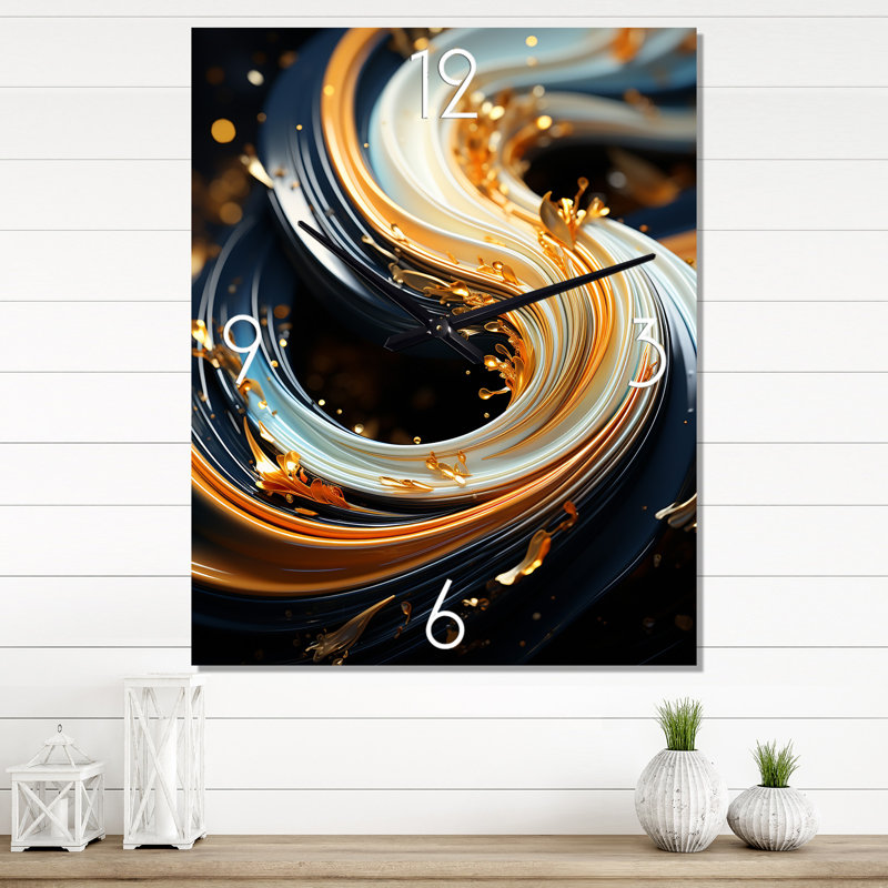 Horloge murale surdimensionnée en or blanc et or blanc avec spirale liquide abstraite I, H 32 po x l 24 po x P 1 po