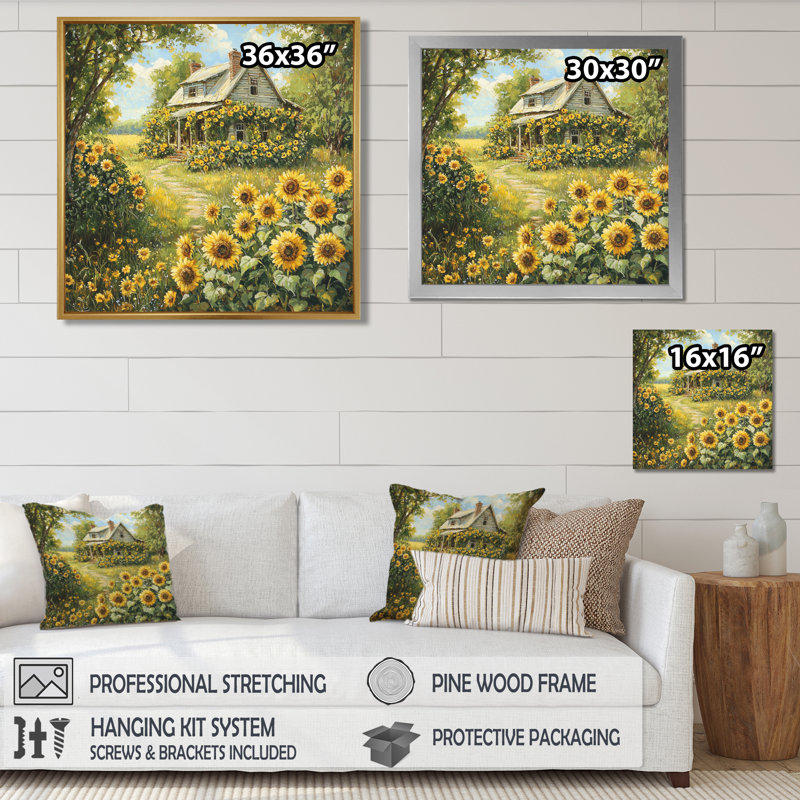 Dorcinvil, campagne, tournesols par le chalet II - tournesols, art mural, H 16 po x l 16 po, Impression encadrée flottante