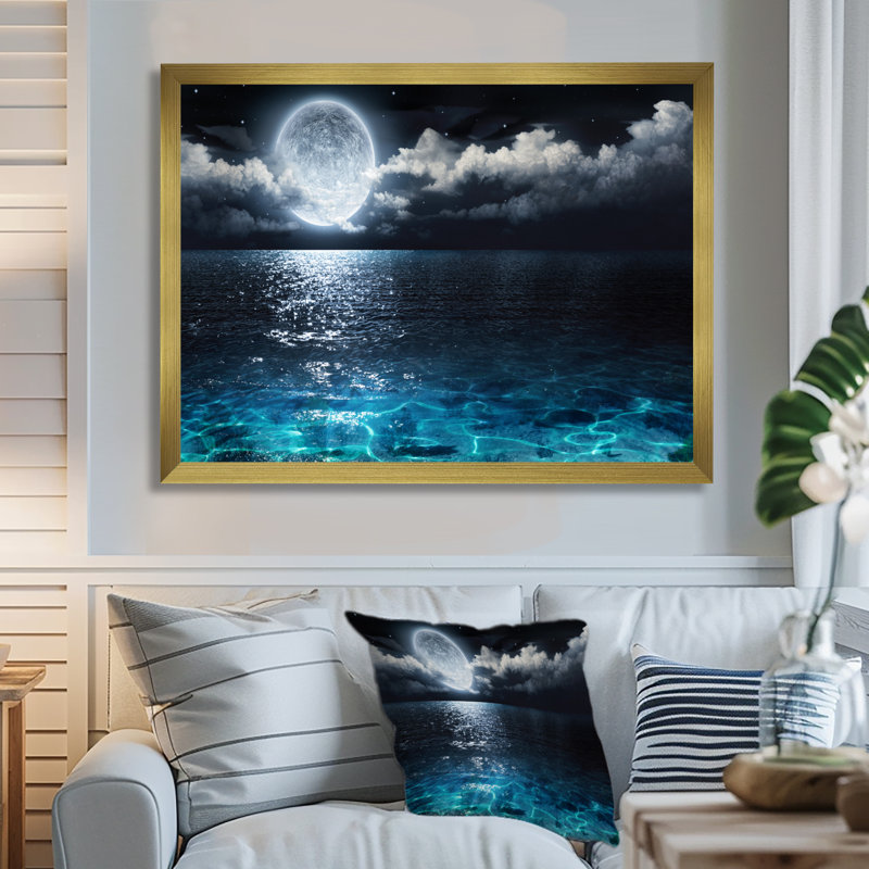 Pleine lune romantique au-dessus de la mer - impression, Toile tendue, H 24 po x l 32 po