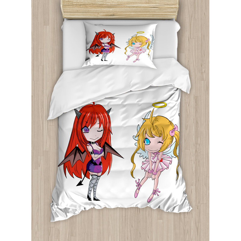 Twin White Anime Angel and Demon Duvet Cover Set