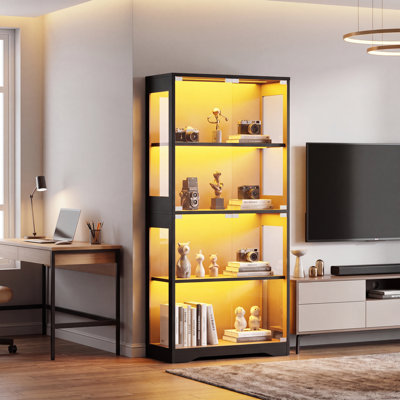 13.7" Narrow Display Cabinet with Adjustable RGB LED Lights & Shelves, Tempered Glass Door Storage Cabinet, Freestanding Curio Cabinet for Collectibles, Figurines, Bedroom, Living Room