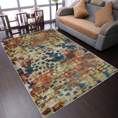 Manns Machine Made Heatset Polypropylene Area Rugs  - Caramel Blue Color, Contemporary Modern Design, Low Pile Machine Made Area Rugs for Living Room, Bed Room