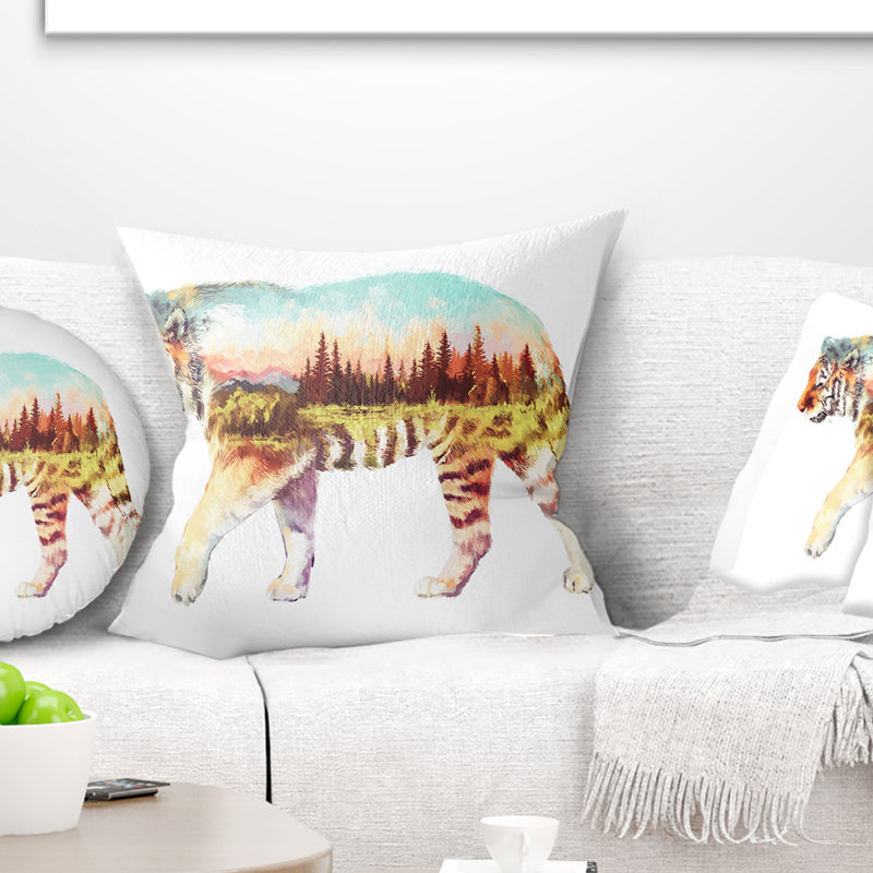 Coussin d’illustration de tiger à double exposition animal, 18 po x 18 po, Coussin décoratif