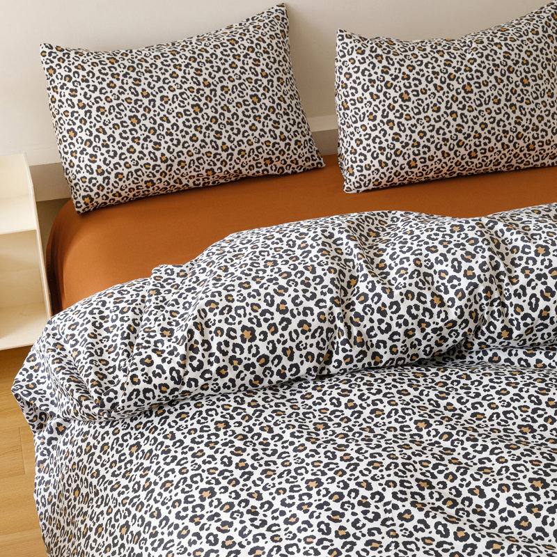 Floral Comforter Set Botanical Flower Bedding Set, Queen Comforter + 2 Standard Pillowcases, Black Leopard