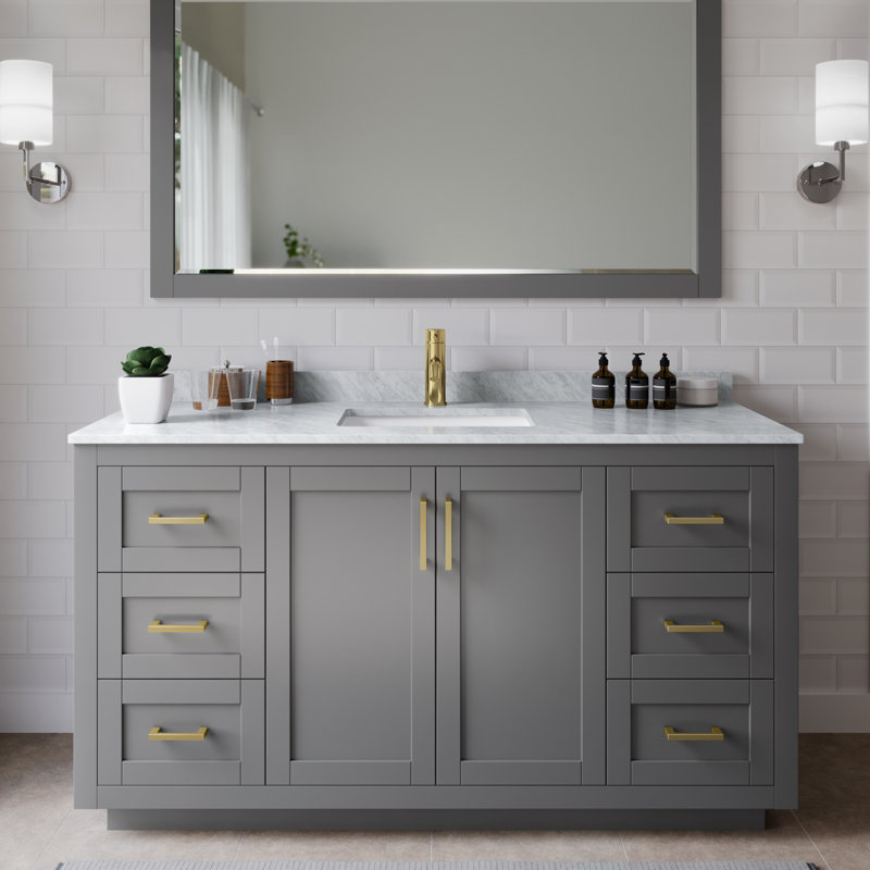Ensemble de meuble-lavabo simple autoportant 60 po avec plateau en marbre Miranda, Gris foncé, Or brossé