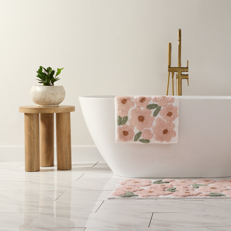 100% Cotton Pattern Bath Mat in Blossoms, Pink Blossoms, 34 in x 21 in