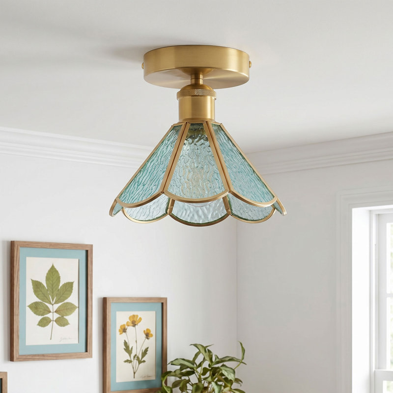 Vintage 1 Light Polished Brass Flush Mount Ceiling Light with Textured Glass Shade, Blue