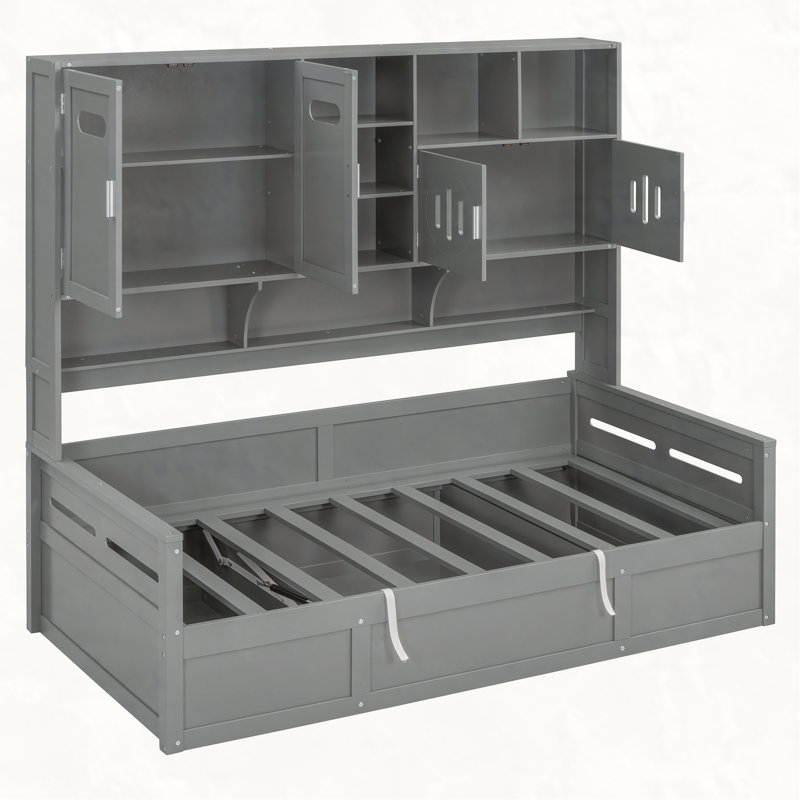Wooden Daybed With Hydraulic bed and All-in-One Cabinet and Shelf, Twin, Gray