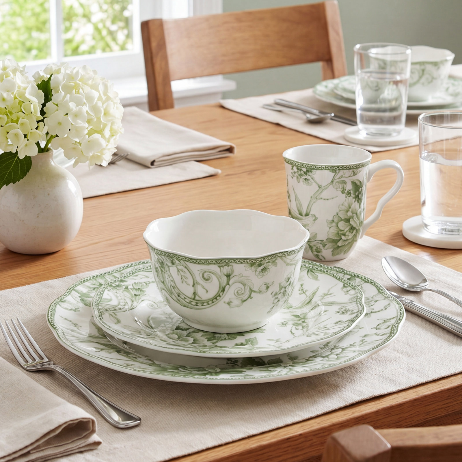 Adelaide Porcelain Dinnerware Set - Service for 4, Green, Floral