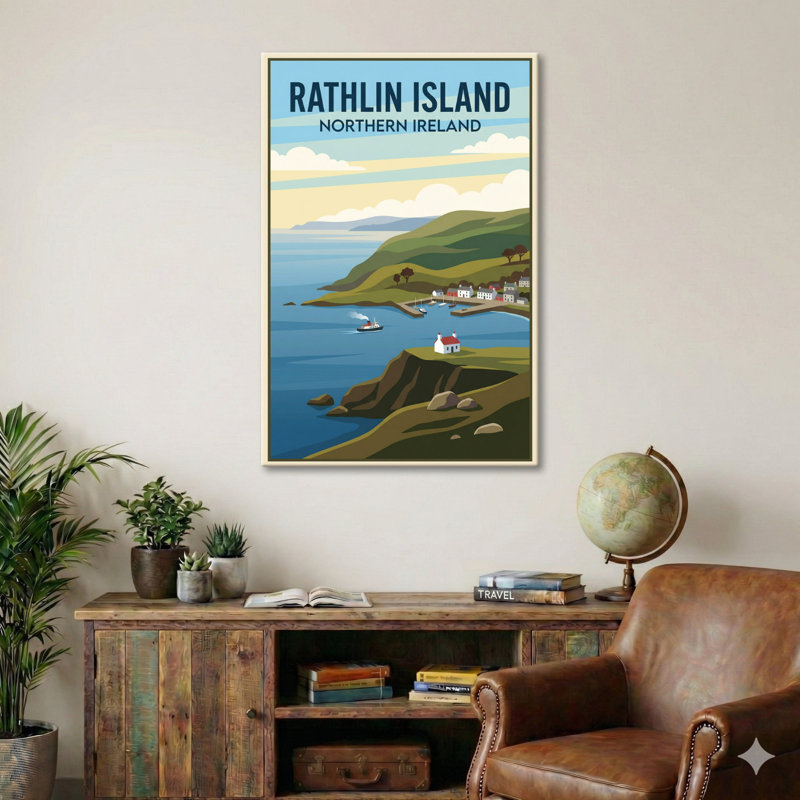Rathlin Island, Northern Ireland - Romantic Coastal Travel Poster Of Cliffs, Harbour And Sea. Giclee Print On Wrapped Canvas. Wall Art, Home Decor - Natural Landmarks, Northern Ireland - Wrapped Canvas Print