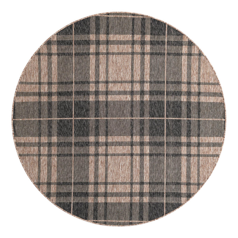 Tatasha Plaid Power Loom Polypropylene Plastic Indoor/Outdoor Area Rug in Black/Brown, Round 6'1"
