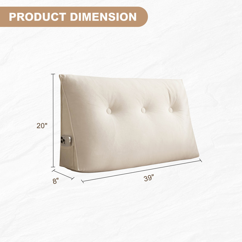 Oreiller de lit surdimensionné en chenille avec support triangulaire et poches latérales, Blanc, Rectangle 20 po H x 39 po L